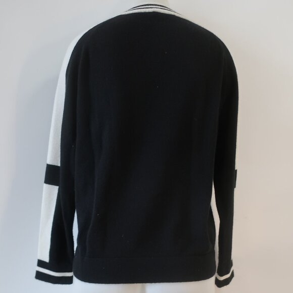 Womens Brodie Fine Cashmere Black White Varsity Stripe V-Neck Pullover Sweater M - Picture 6 of 11